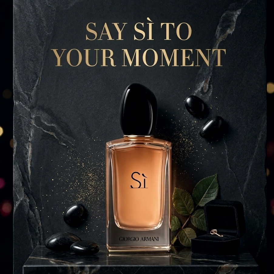 Perfume bottle with 'Si' logo on a dark background with text 'Say Sñ to Your Moment'. SHE GLOW
