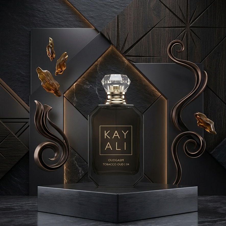 Kay Ali perfume bottle in a decorative display case with gold accents on a dark background