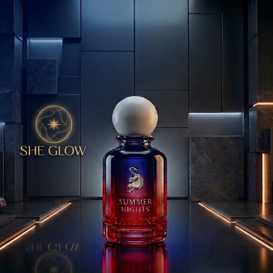 Bottle of 'Summer Nights' perfume with 'SHE GLOW' logo in the background