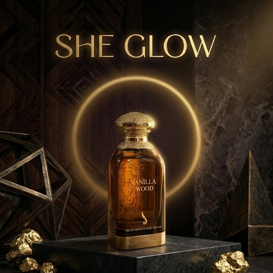 Vanilla Wood perfume bottle with 'SHE GLOW' text on a dark background