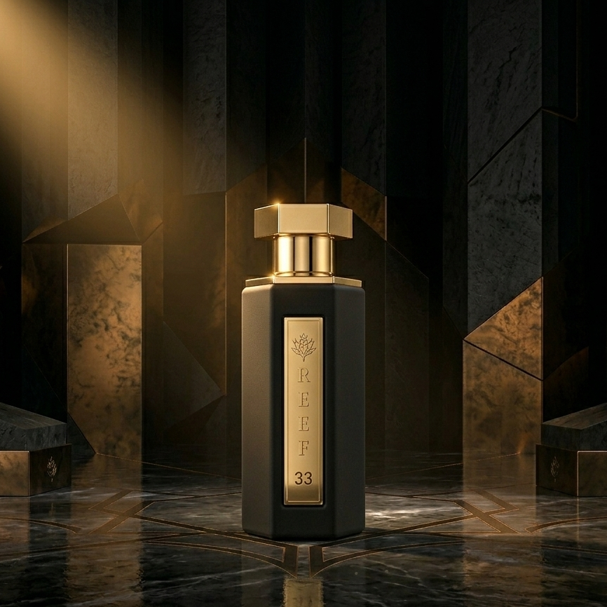 Luxury perfume bottle with gold accents on a reflective surface