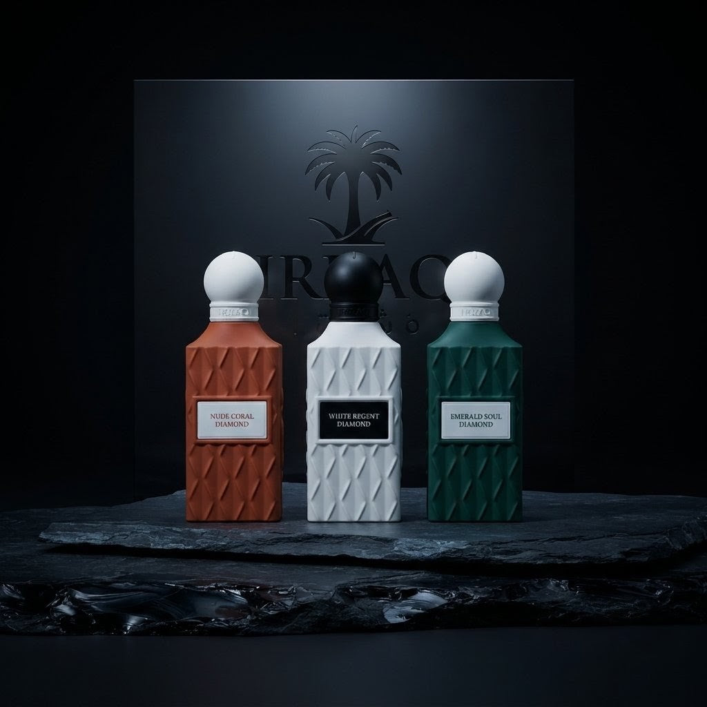Three textured perfume bottles displayed on a dark stone slab against a black background with a large embossed logo. The bottles are colored terracotta orange, white, and deep green, with white spherical caps. SHE GLOW