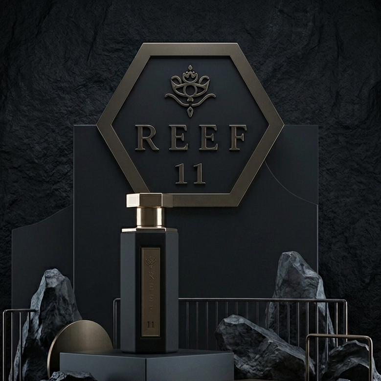 A dark, premium perfume bottle displayed on a multi-tiered black platform with gold trim, set against a dark textured rock wall. The bottle features a matte black body with a shiny gold cap and a vertical gold label. SHE GLOW