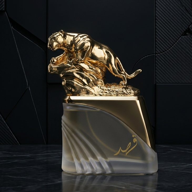 A luxury perfume bottle with a sculpted gold tiger figurine on a dark, faceted glass base, set against a dark geometric background. SHE GLOW