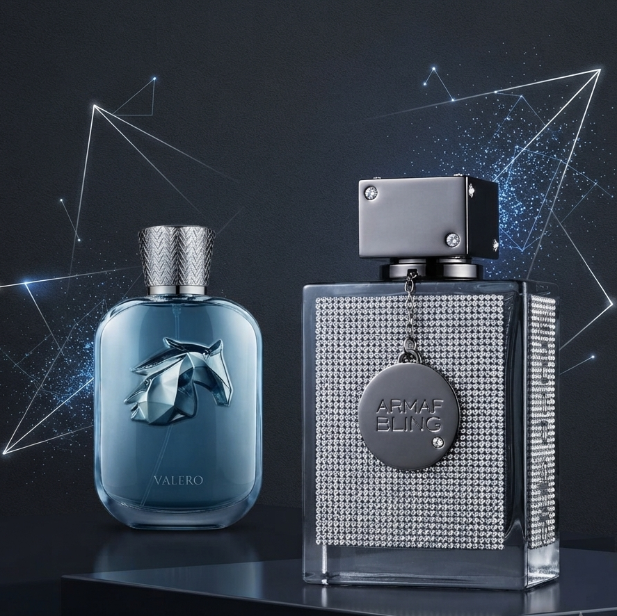 Two designer perfume bottles displayed on a dark reflective pedestal against a dark background with glowing geometric line graphics. The left bottle is translucent light blue with a faceted horse emblem and the word 'VALERO' near the bottom. SHE GLOW