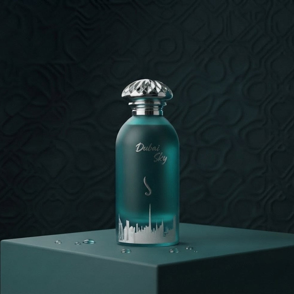 A teal glass perfume bottle labeled 'Dubai Sky' with a silver cap, displayed on a matching teal pedestal against a dark textured SHE GLOW ✨