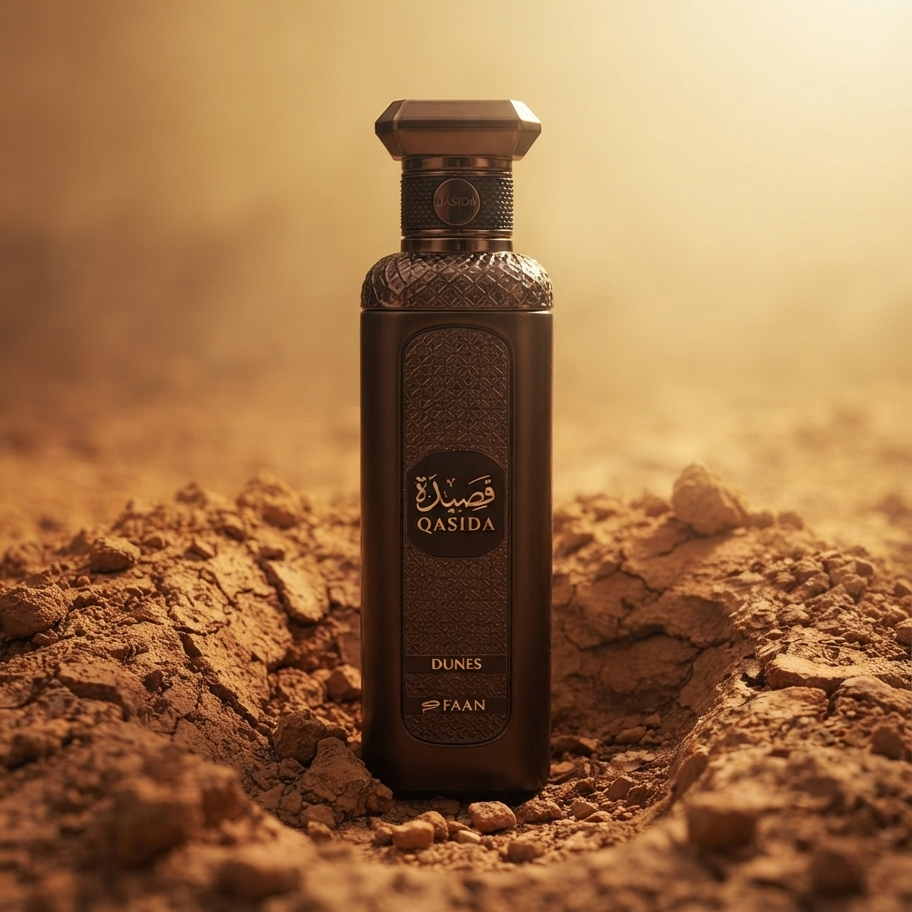 A dark brown glass bottle of Qasida Dunis perfume stands upright in a mound of dry brown soil, with a warm golden light shining from the background.
SHE GLOW ✨