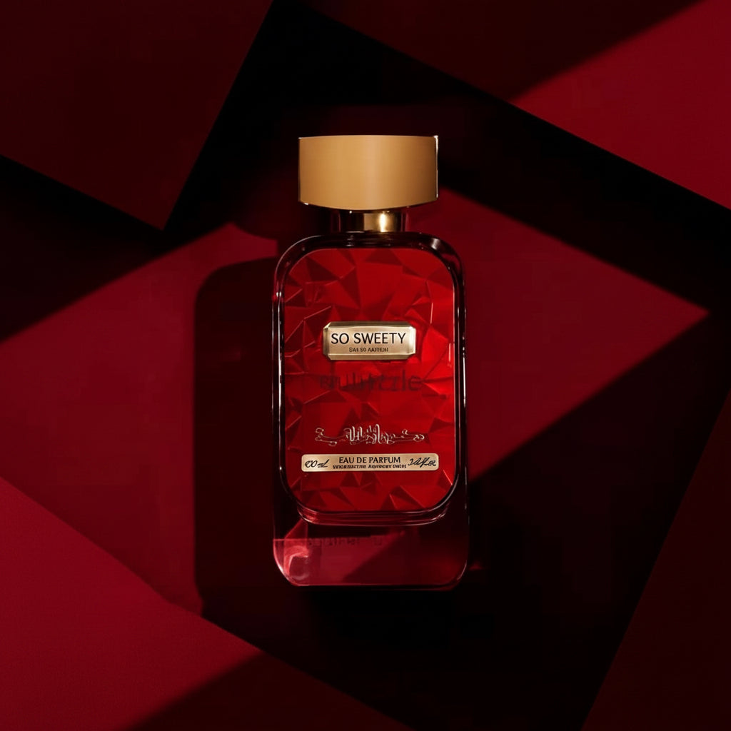 A faceted red perfume bottle with a gold cap and gold label reading 'SO SWEETY', set against a dark red and black geometric background. SHE GLOW