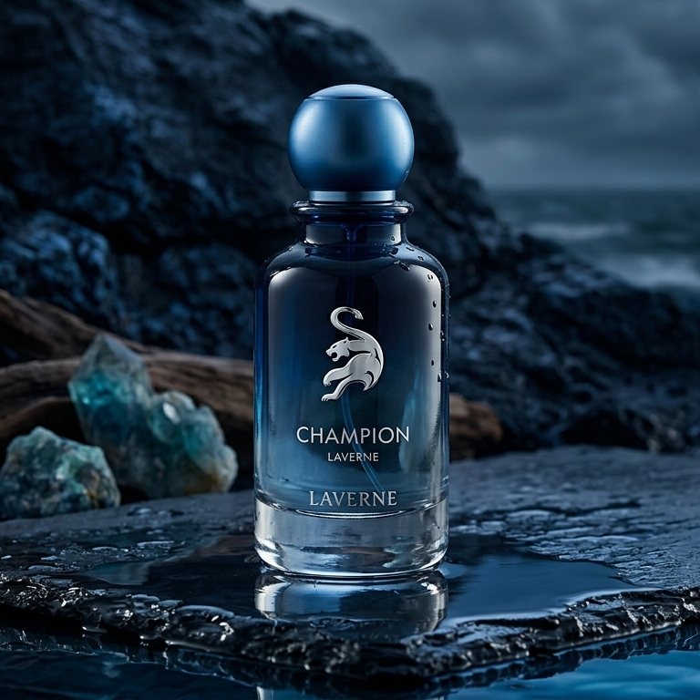 Blue bottle labeled 'Champion' by Laverne on a rocky surface with ocean background