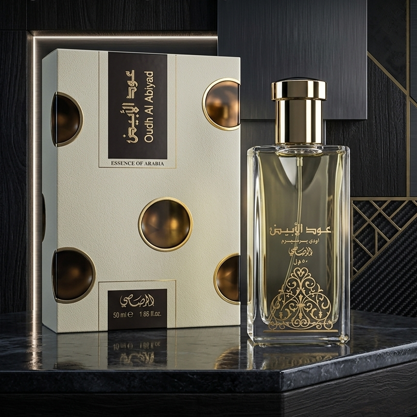 Perfume bottle and packaging with Arabic text on a dark background