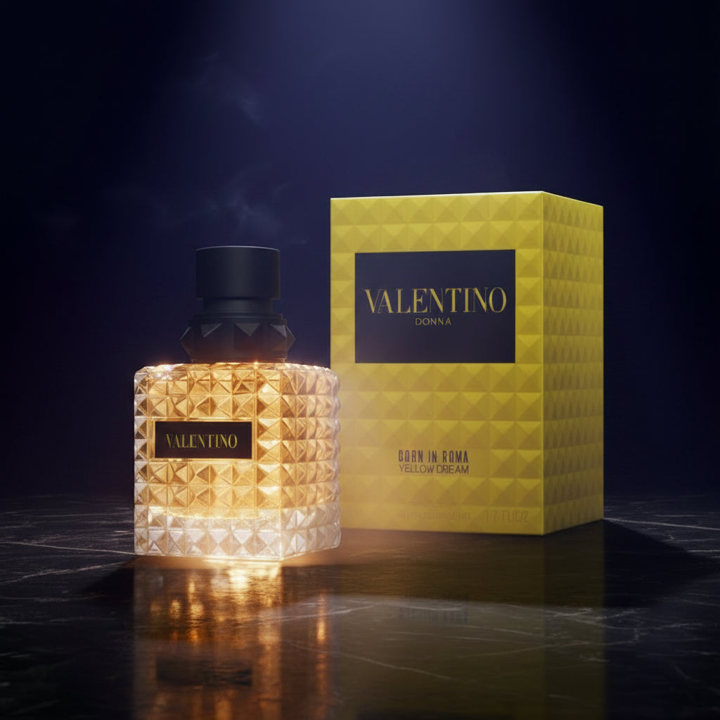 Valentino perfume bottle and packaging on a black background