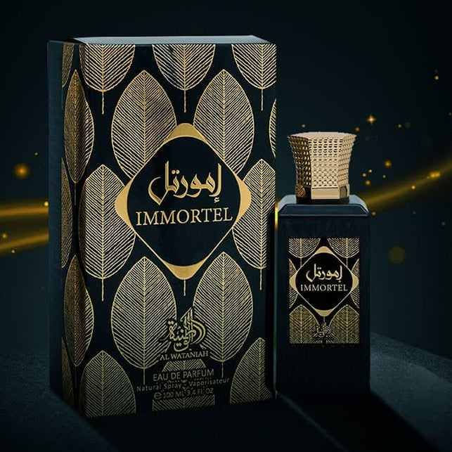 Perfume bottle and packaging with 'Immortal' branding on a dark background