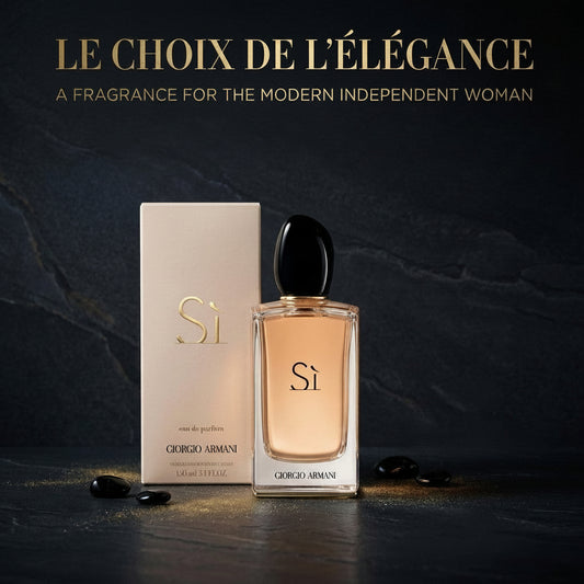 Giorgio Armani Si perfume bottle and packaging on a dark background SHE GLOW 