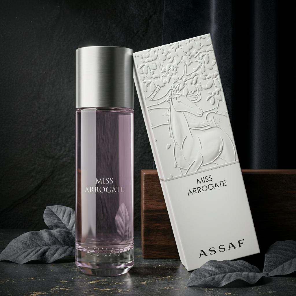 Miss Arrogate perfume bottle and packaging on a dark surface