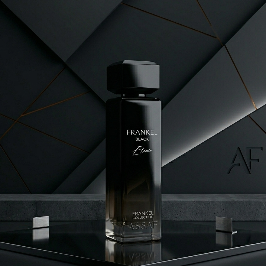Black Frankel perfume bottle on a dark geometric background