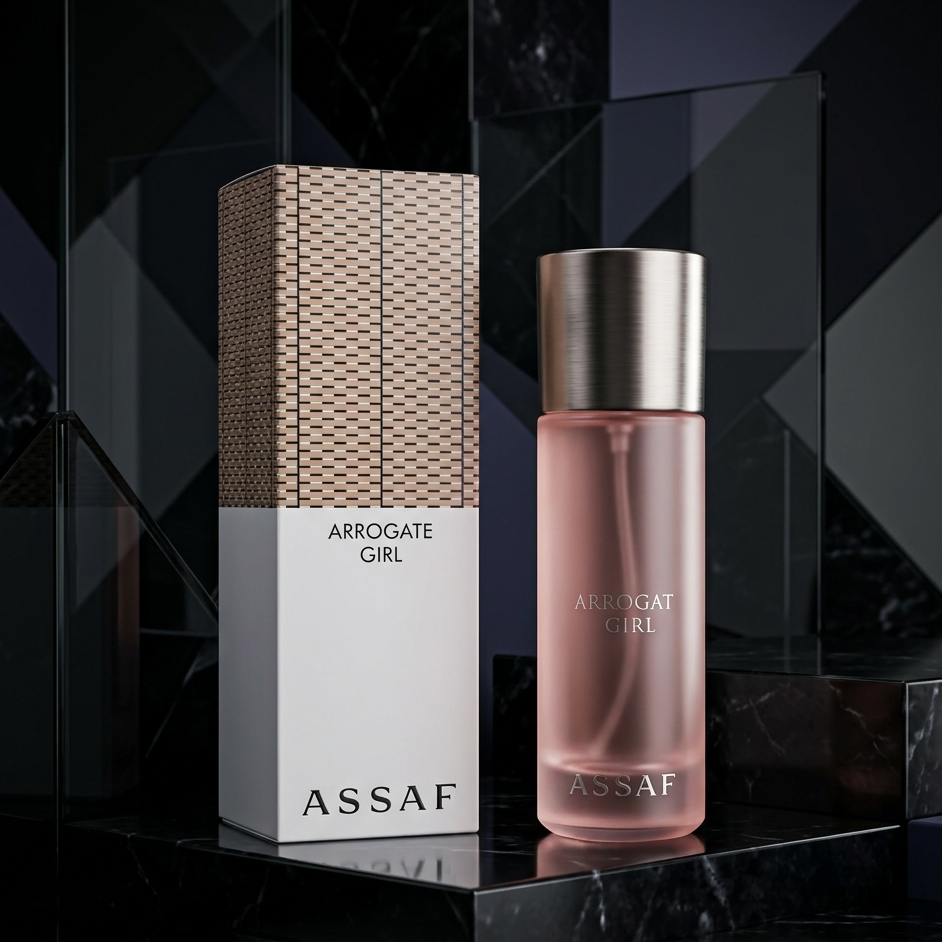 Assaf Arrogate Girl perfume bottle and packaging on a reflective black surface