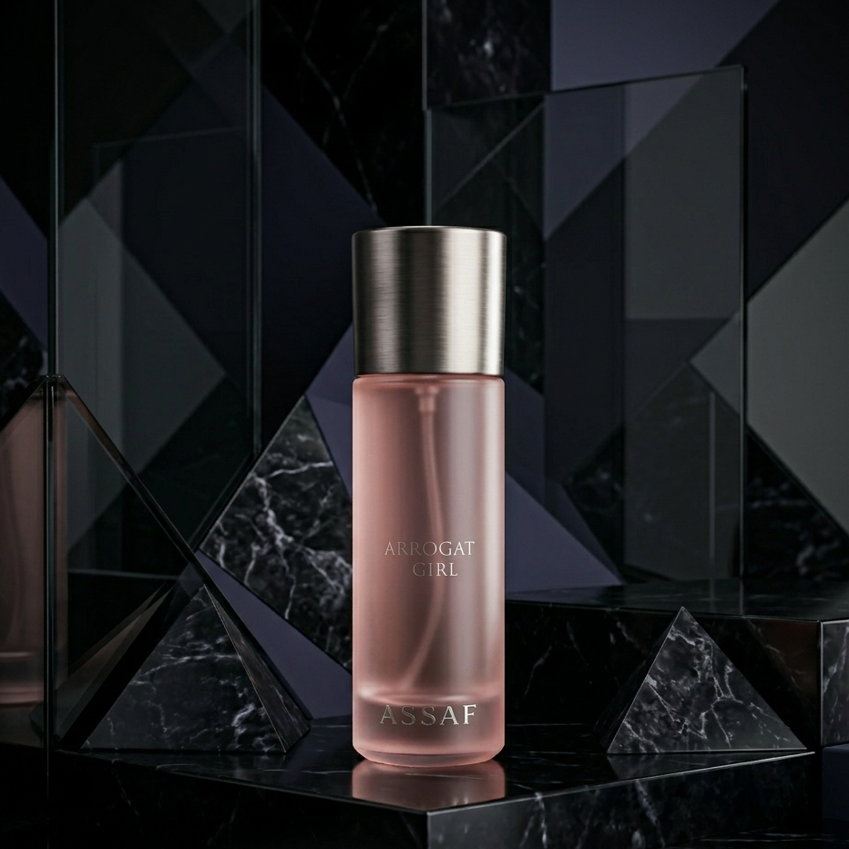 Pink bottle with silver cap on a reflective black surface with geometric background