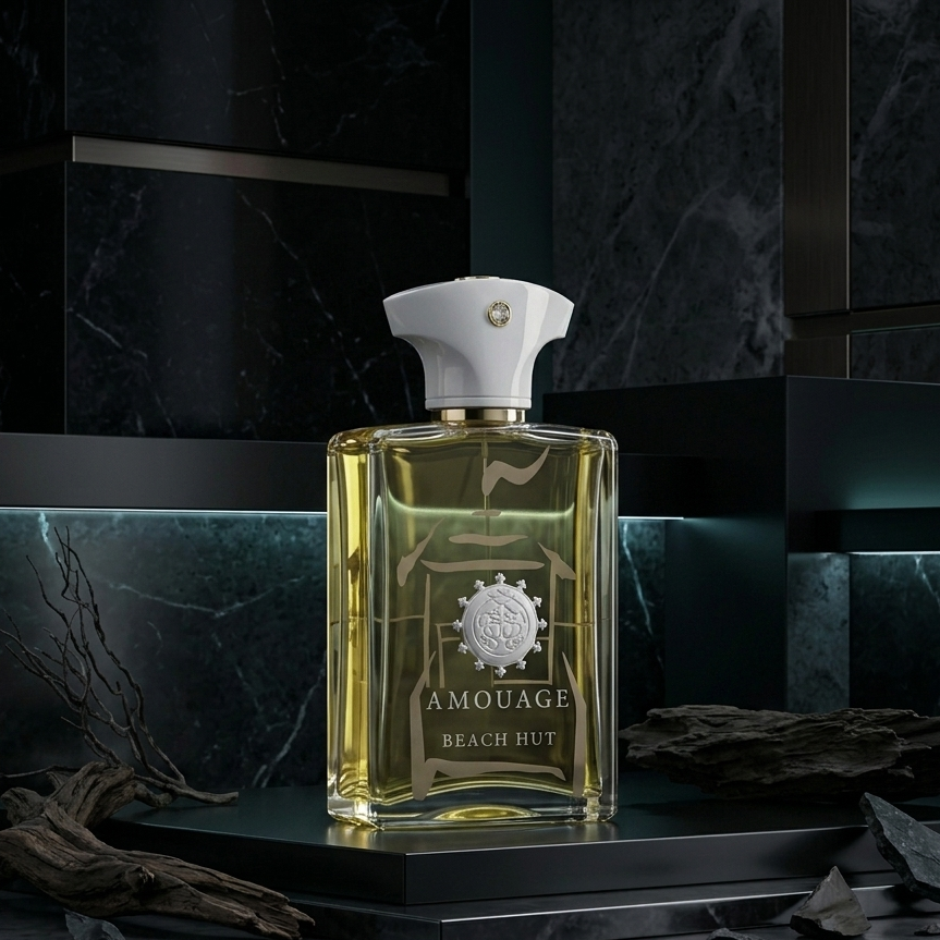 Amouage Beach Hut perfume bottle on a dark marble surface
