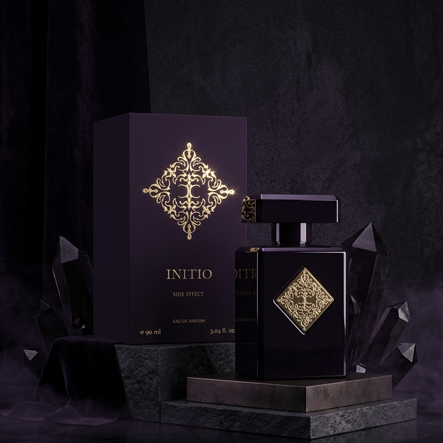 Black and gold Initio perfume bottle and packaging on a dark background