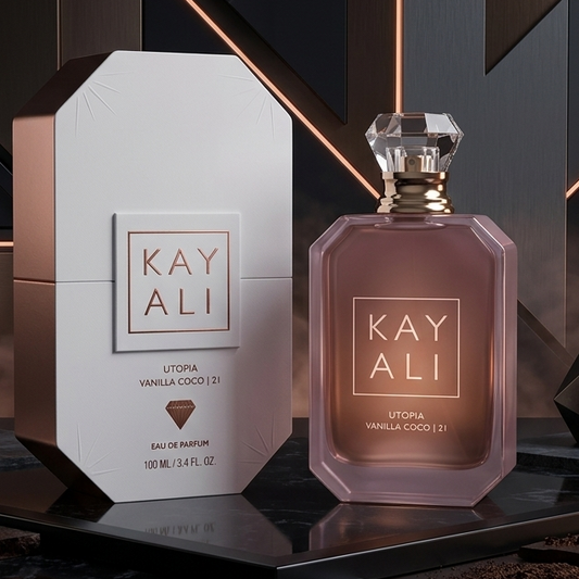 Kay Ali perfume bottle and packaging on a dark geometric background