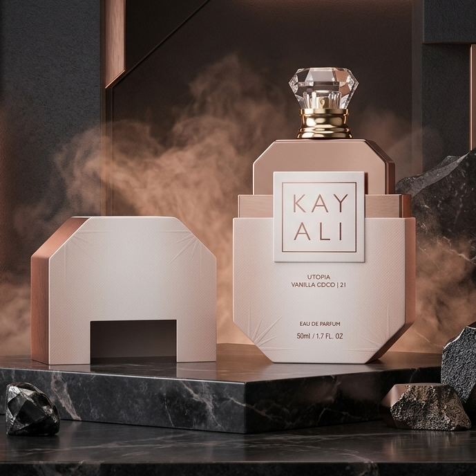 Perfume bottle labeled 'KAY ALI' on a dark marble platform with decorative elements.