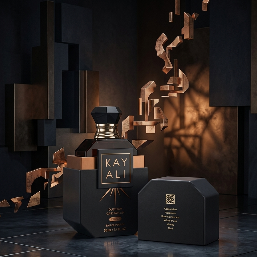 KAY ALI perfume bottle and packaging in a dark, abstract setting