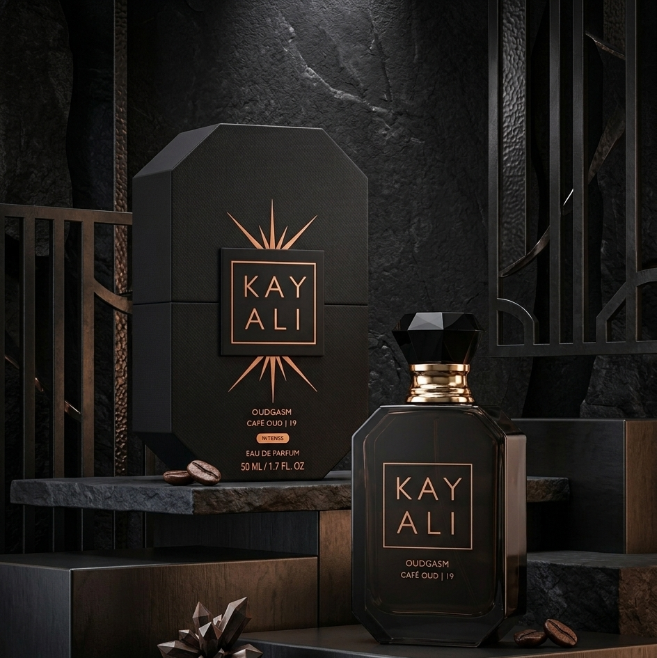 Kay Ali perfume bottle and packaging on a dark background