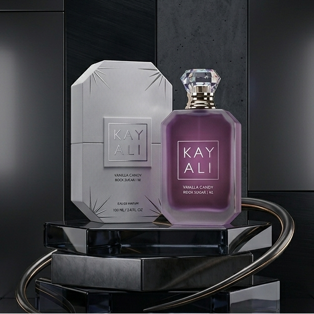 Kayali perfume bottle on a dark marble surface with a reflective base.