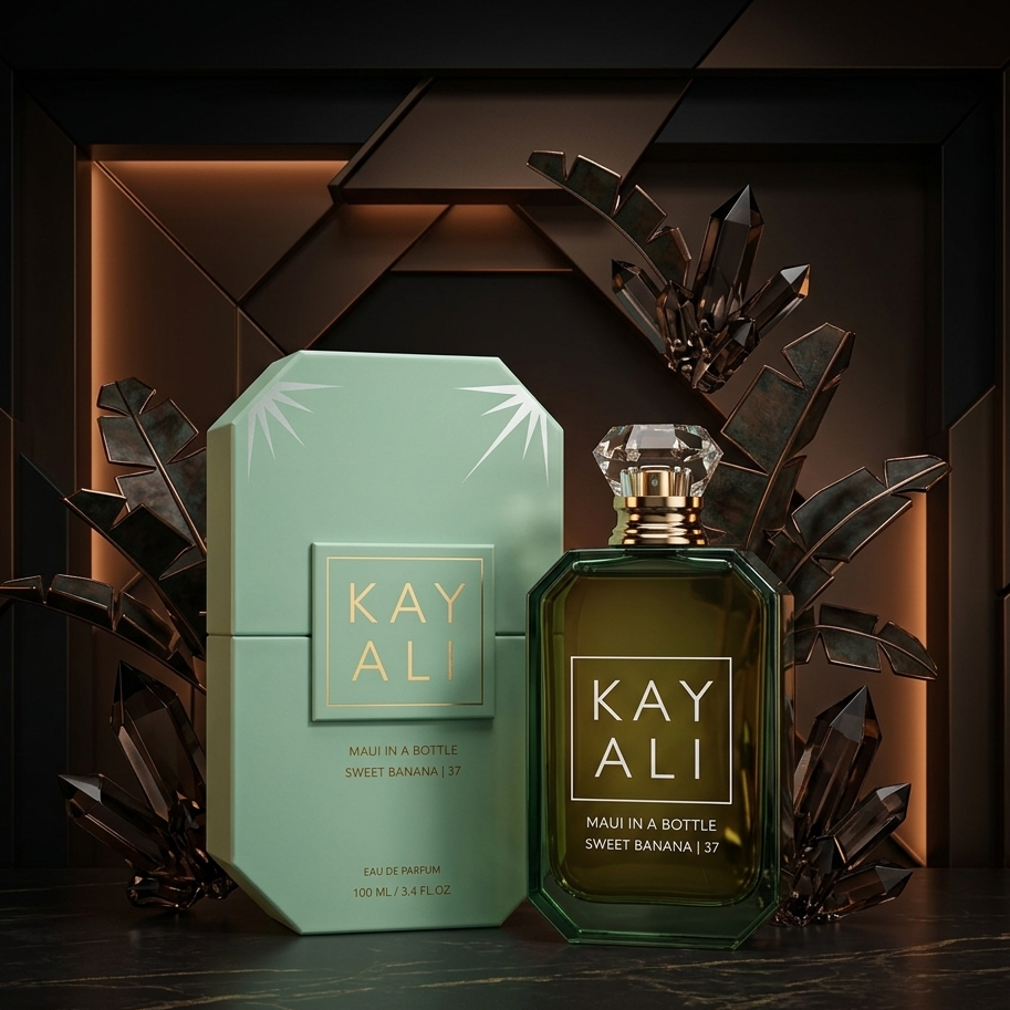 Kayali perfume bottle and packaging on a dark background