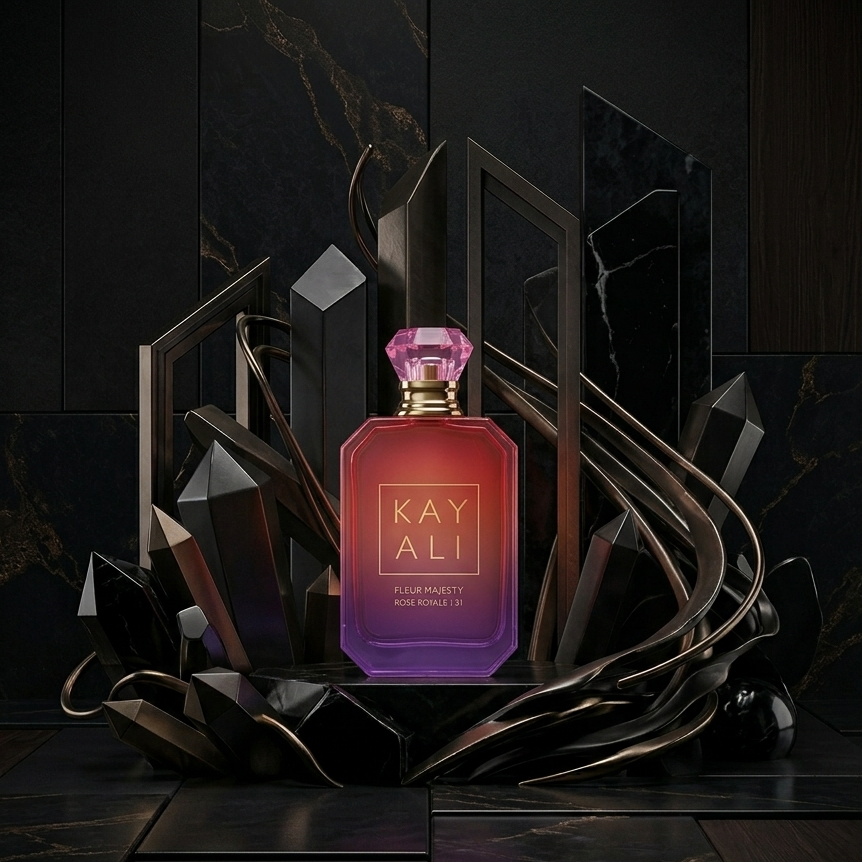 Kayali Fleur Majesty Rose Royale perfume bottle on a dark background with crystals.