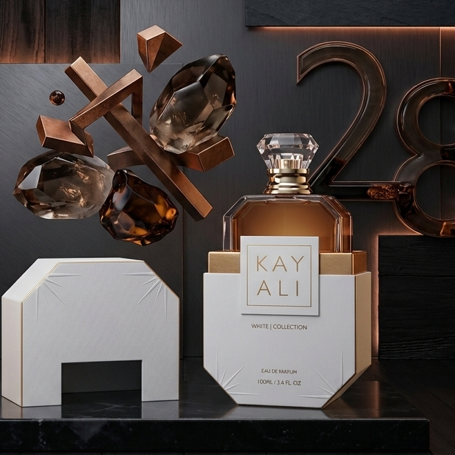 Kayali perfume bottle with decorative elements on a dark background