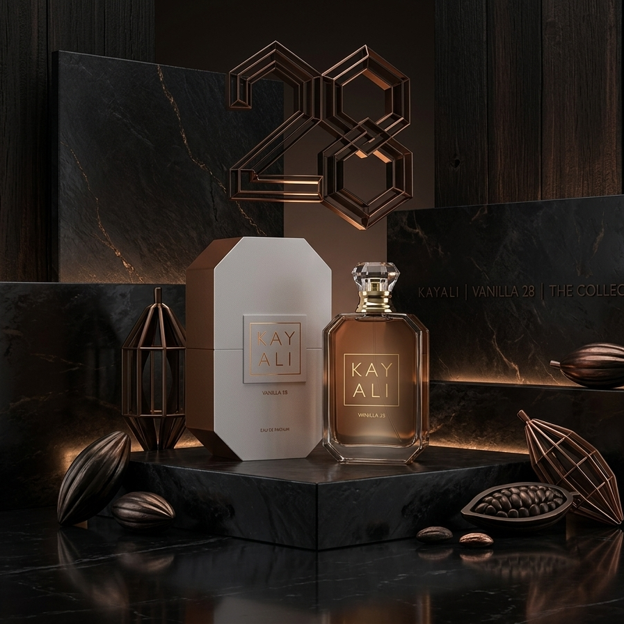 Kay Ali perfume bottle and packaging on a dark marble surface with decorative elements.