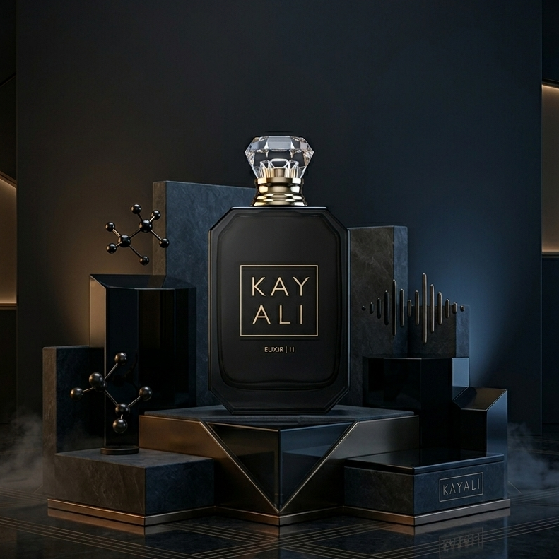 Perfume bottle labeled 'KAY ALI' on a dark geometric background