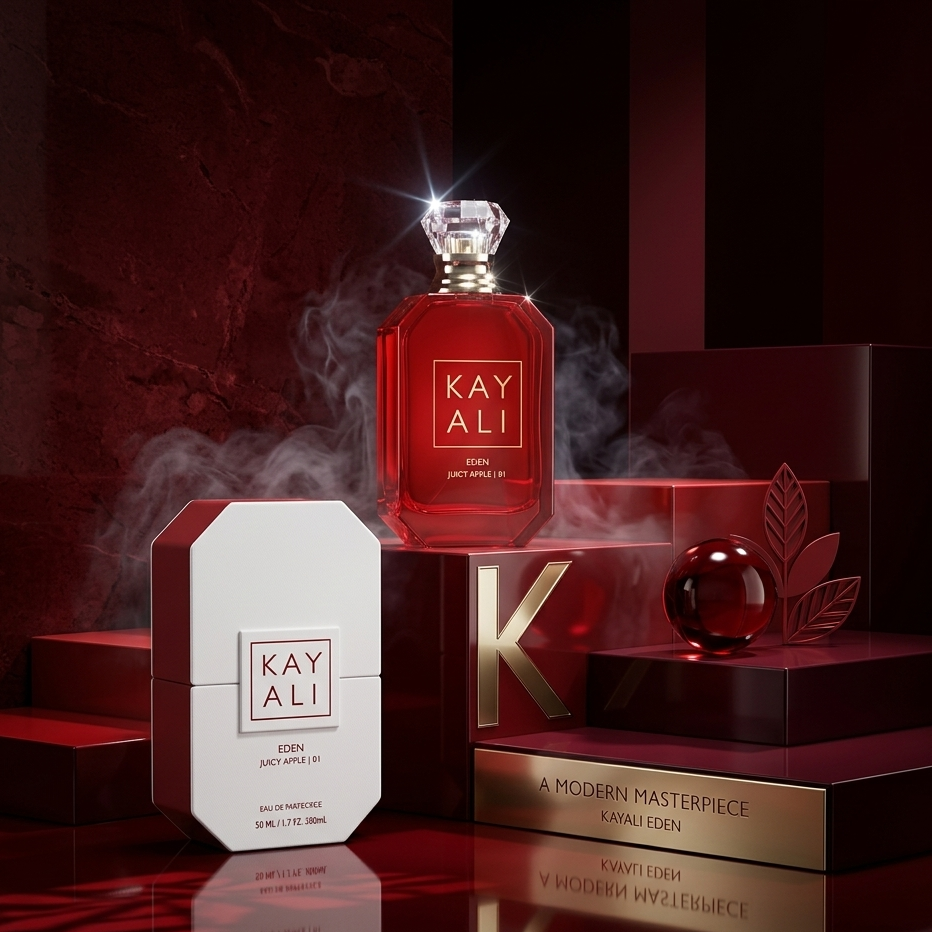 Red perfume bottle and packaging with 'KAY ALI' branding on a dark background