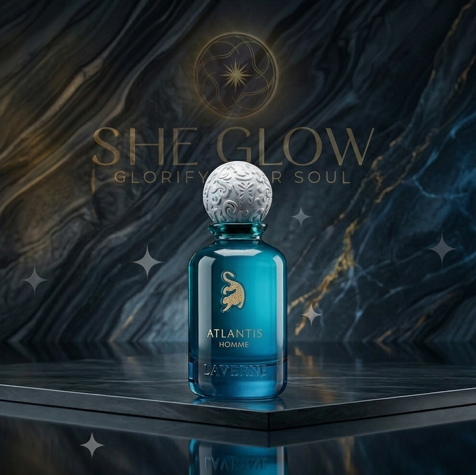 Blue perfume bottle with decorative cap on a reflective surface against a dark, starry background with 'She Glow' branding.