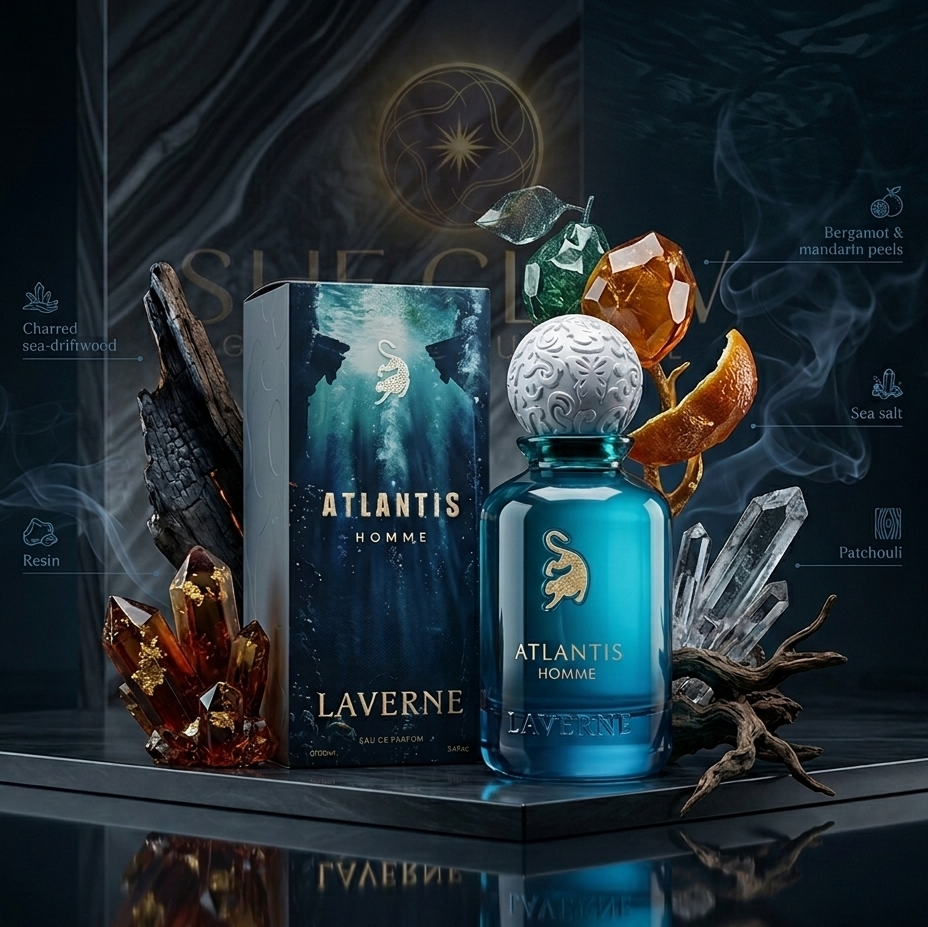 Atlantis Laverne perfume bottle and packaging on a dark background