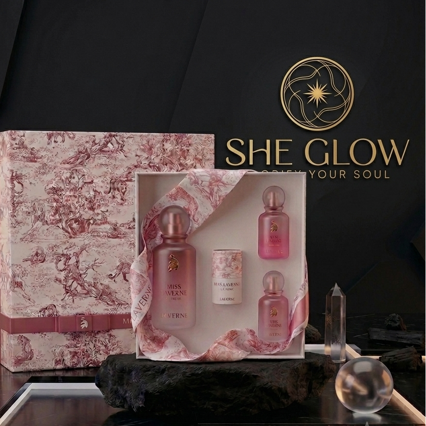 She Glow beauty product set with decorative box on a dark surface