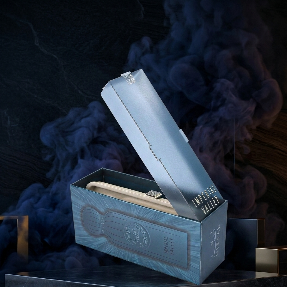 Blue jewelry box with a necklace inside on a dark background