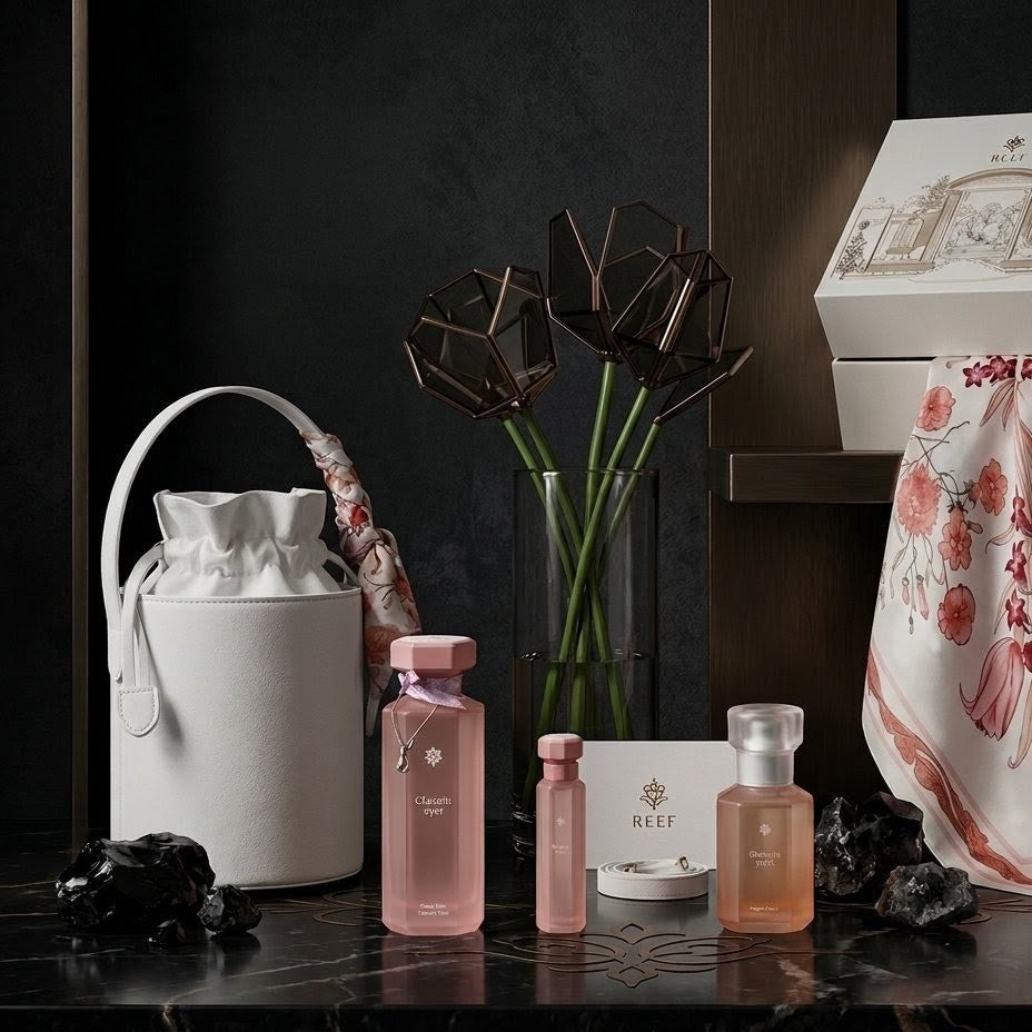 Cosmetic products and accessories on a dark surface with a decorative box in the background.