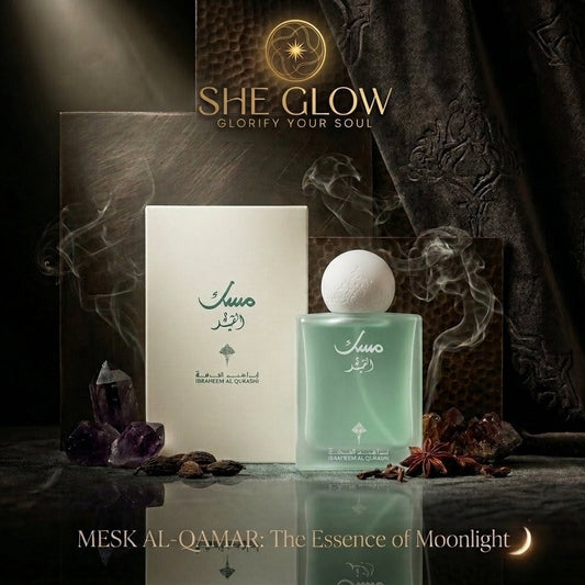 She Glow perfume with packaging and decorative elements on a dark background