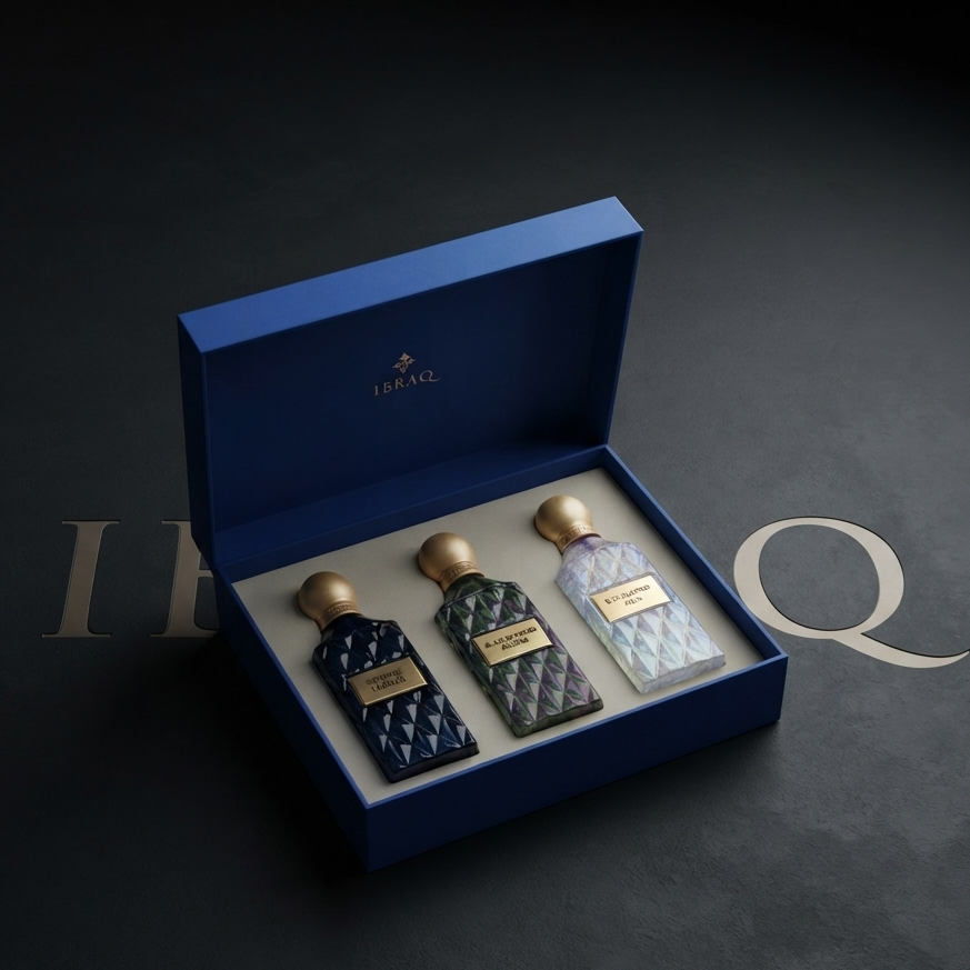 An open dark blue luxury gift box containing three textured perfume bottles with gold caps and gold labels, set on a dark background with large decorative letters behind it.