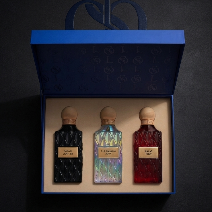 A luxury gift set of three designer perfume bottles presented in an open blue box with a matching lid. The set includes a textured black bottle, a holographic iridescent bottle, and a deep red textured bottle, all with gold labels and wooden caps, set against a dark background. SHE GLOW 