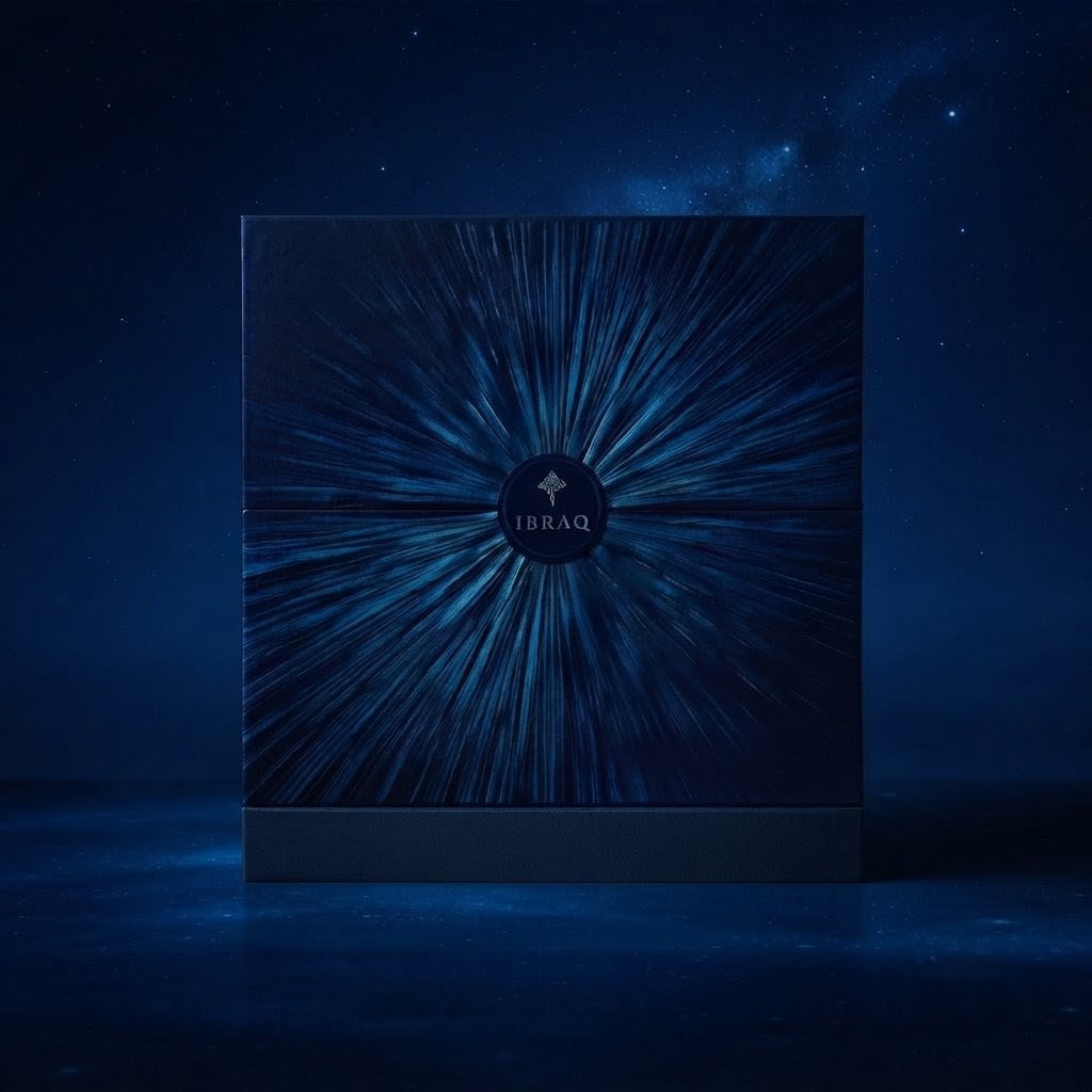 A dark blue rectangular product box with a radial burst of light-like lines and a circular central logo reading IBRAHIM, set against a starry deep blue night-sky background.    SHE GLOW