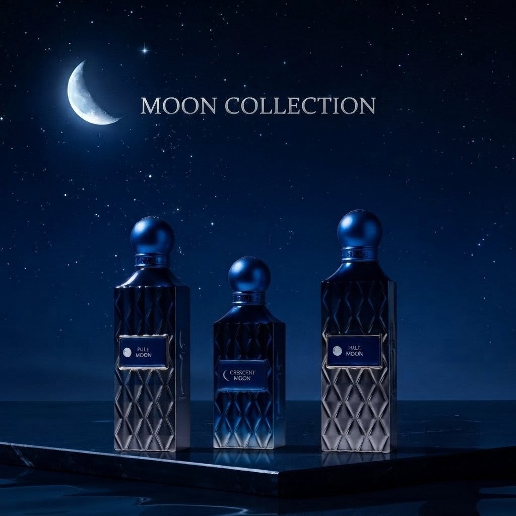 Three dark blue perfume bottles from the Moon Collection are displayed on a reflective surface against a starry night sky with a crescent moon. The bottles feature a textured diamond pattern and are labeled 'MOON GLOW', 'MOON BLOOM', and 'MOON DUSK'. SHE GLOW