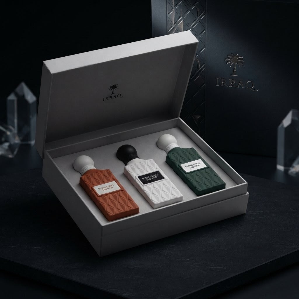 A luxury fragrance gift set by IRRACQ, featuring three textured perfume bottles in terracotta, white, and forest green, presented in an open gray box on a dark surface. SHE GLOW