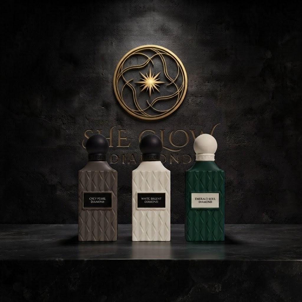 Three perfume bottles from She Glow Diamonds are displayed on a dark stone surface against a textured black background with a gold logo. The bottles feature a diamond-textured design and are labeled: Citrus Zing Orange, White Musk Diamonds, and Emerald Green Diamond.     SHE GLOW 