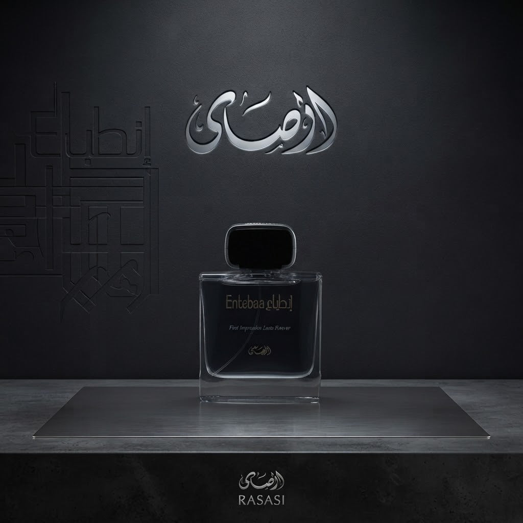A clear rectangular perfume bottle with a black cap sits centered on a metallic platform against a dark gray background. Arabic script branding appears above and below the bottle, with the brand name Rasasi visible at the bottom. SHE GLOW 