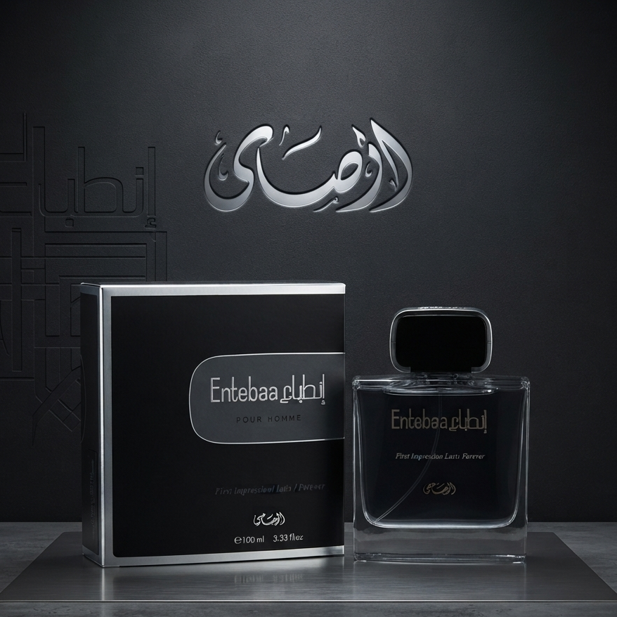 Rasasi Entebaa Alhijab perfume bottle and its packaging box displayed on a metallic shelf against a dark textured background with Arabic calligraphy. SHE GLOW 