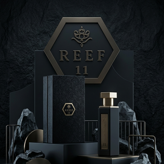 A luxury fragrance product display featuring a tall rectangular bottle and matching box in dark charcoal with gold accents, set against a textured black rock backdrop. The display includes a large hexagonal plaque reading REEF 11 and decorative metallic rock props. SHE GLOW