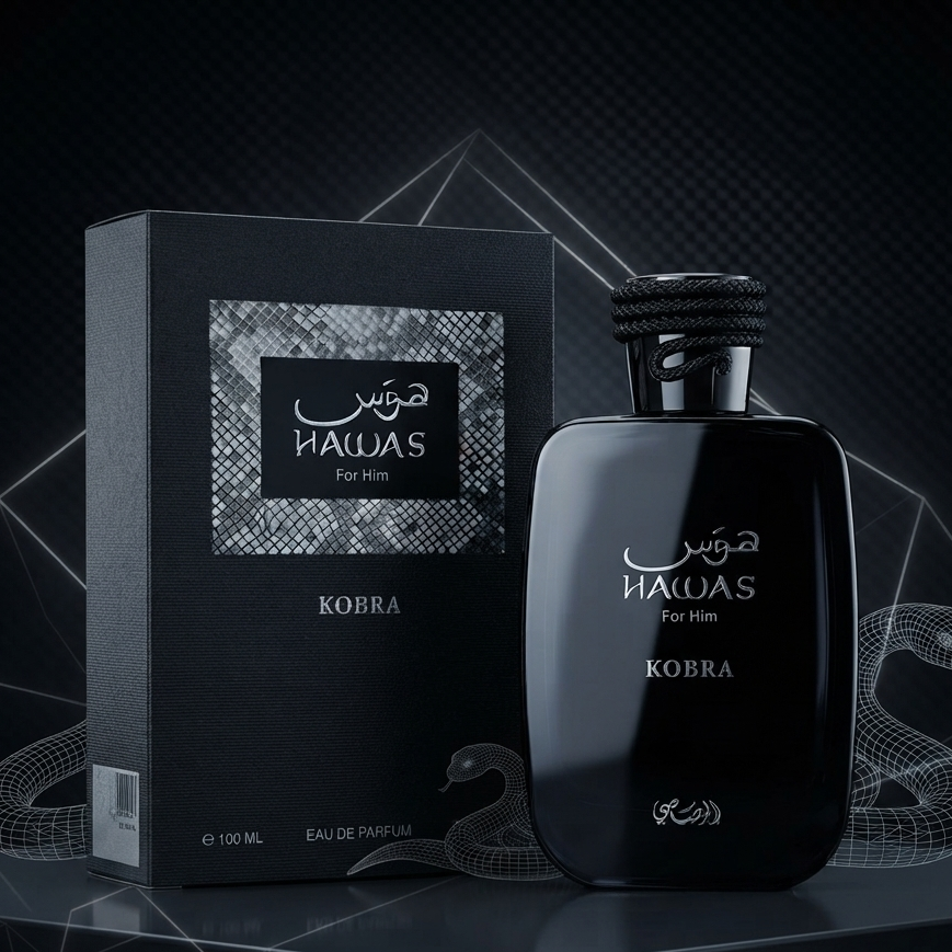 A black perfume bottle and matching black box labeled NAWAS For Men KOBRA, shown on a dark geometric studio background with snake line art.